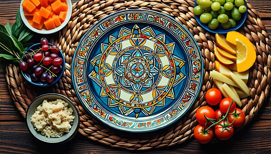 Passover Seder plate containing symbolic foods like matzah, egg, and bitter herbs