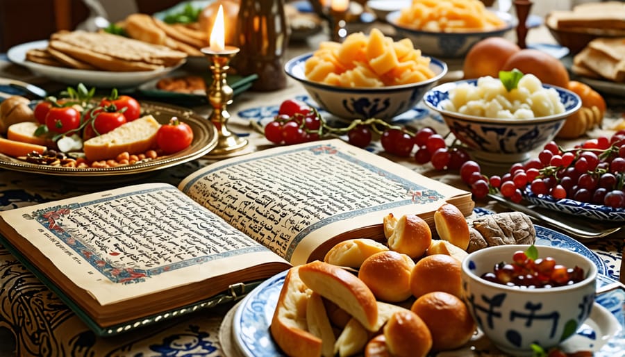 Passover Seder table setup with ceremonial foods and text