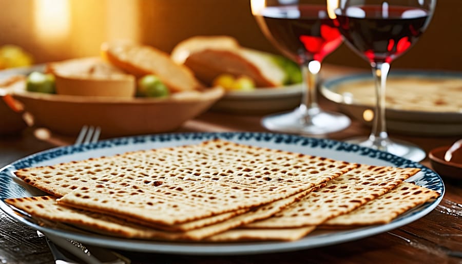 Traditional Passover Seder plate with matzah and wine.