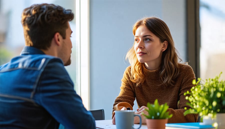 A man and woman having a calm, attentive conversation to resolve a conflict