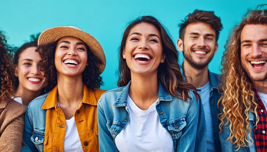 Group of diverse people smiling and interacting positively on social media, symbolizing community and positive engagement