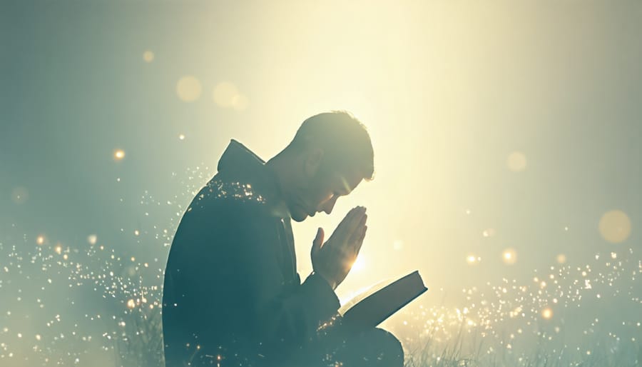 Silhouette of a praying person holding a Bible, enveloped in warm light