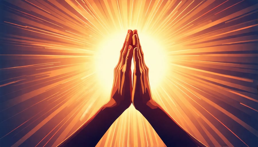 Symbolic representation of a person praying with hands clasped and a light source in the background