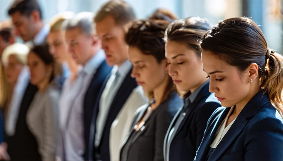 A group of professionals praying together to align their work with faith