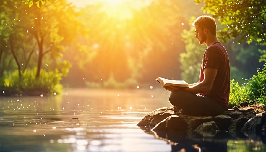 A person peacefully meditating on the Bible while sitting in a beautiful natural setting