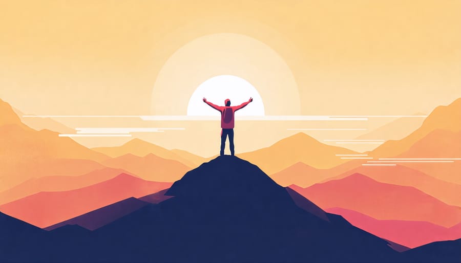 Person on a mountain peak with arms outstretched, symbolizing resilience