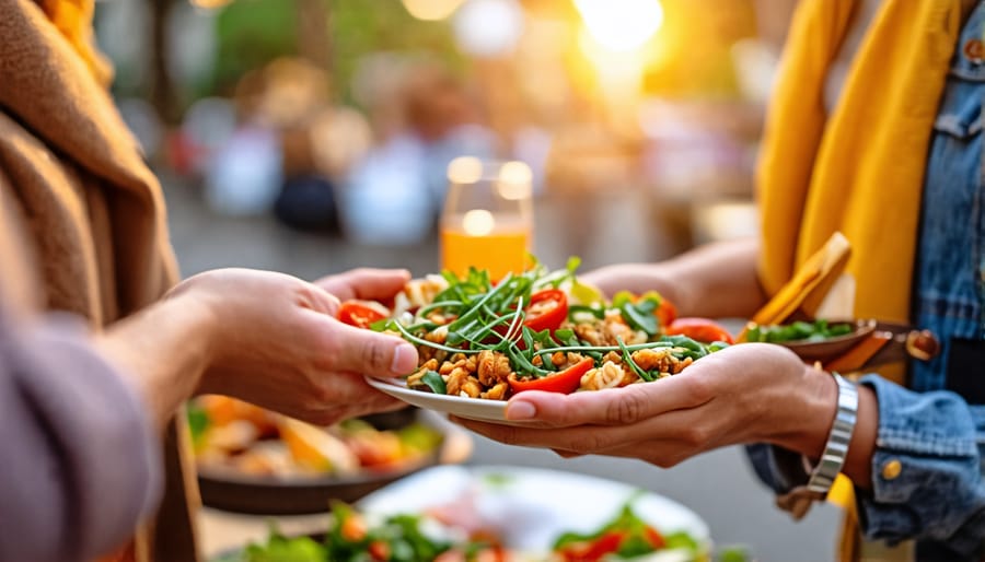 Person sharing food generously with a group of people