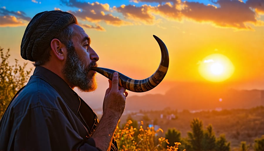 Man blowing a shofar during Feast of Trumpets celebration