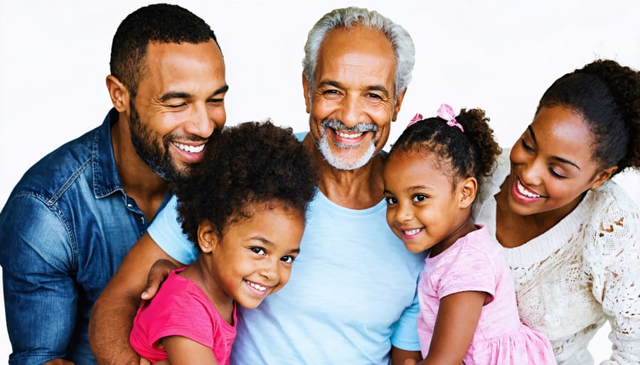 Grandparents, parents, and children laughing and enjoying each other's company in a home setting