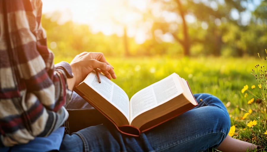 Individual reading the Bible while sitting in a serene outdoor environment