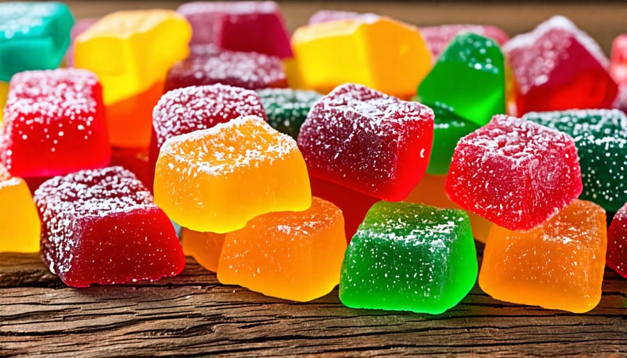 Variety of colorful THC gummies on a wooden surface