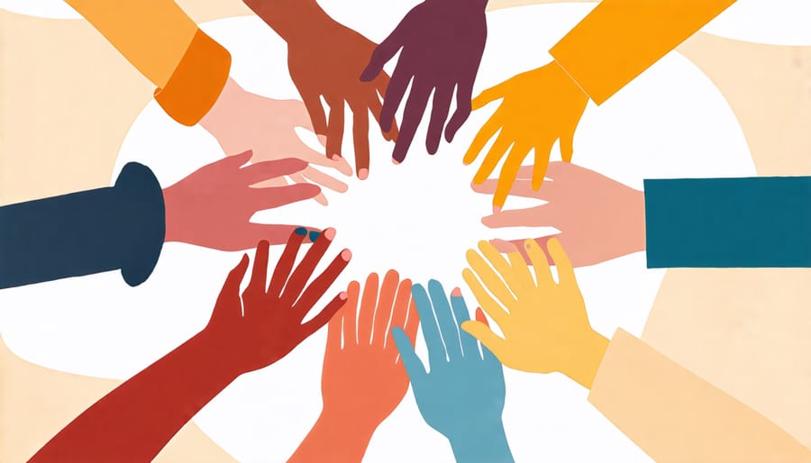 Multicultural hands clasped in a circle, representing community and togetherness.