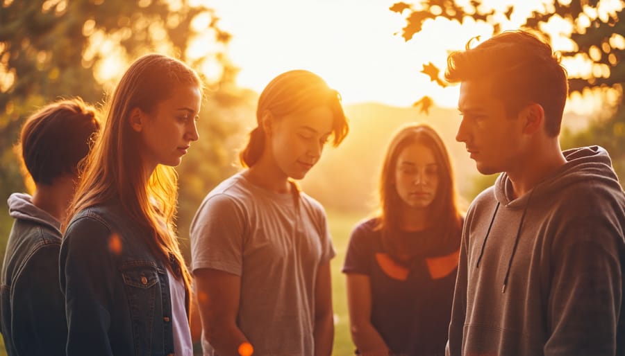 Young adults gathered in a prayer circle, emphasizing community and faith