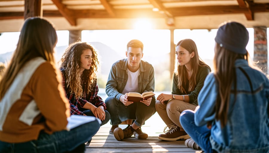 Youth group discussing in a circle with a Bible at the center