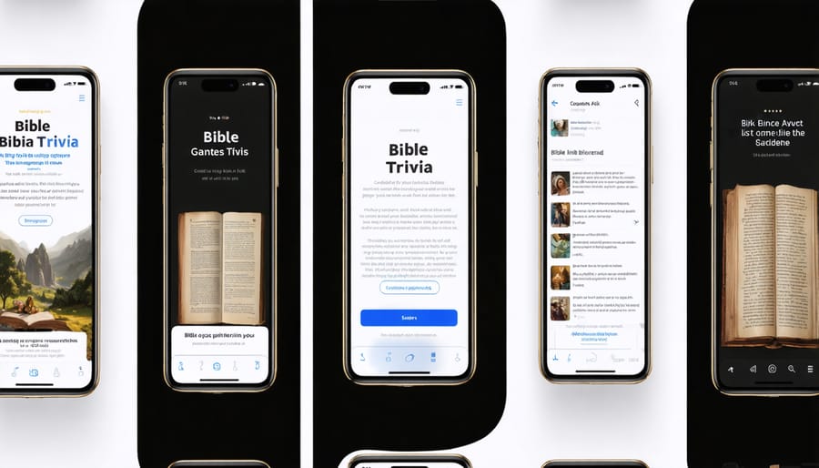 Collage of Bible trivia game apps on smartphones and tablets