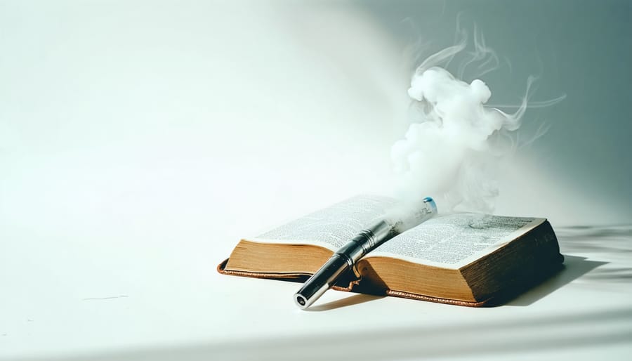 Vape pen on an open Bible, representing the intersection of Christian beliefs and contemporary practices like vaping