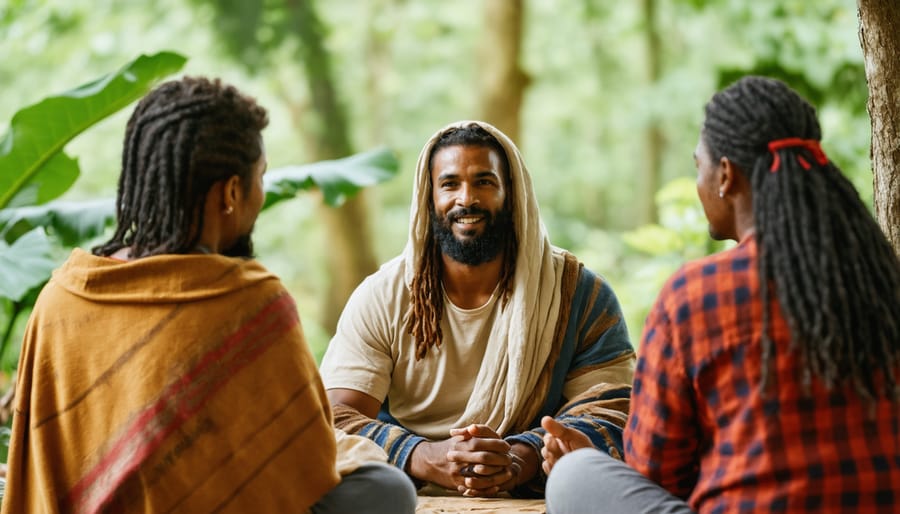 A diverse group of Christians engaged in a discussion about natural wellness choices, including THC gummies