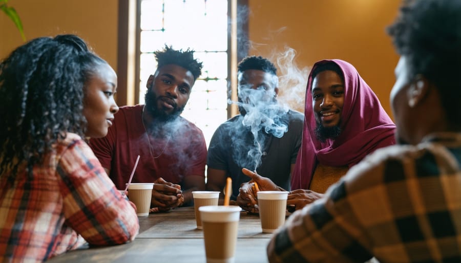 Christians of different backgrounds having a conversation about vaping in a communal church setting