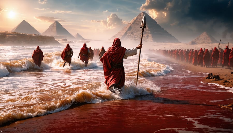 Artistic depiction of the Exodus story with Moses parting the Red Sea