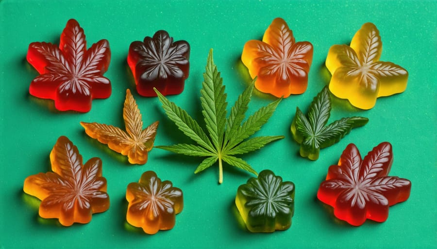 Various THC gummies placed next to cannabis leaves