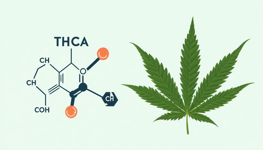 Visual representation of the THCA molecular structure next to a cannabis leaf.