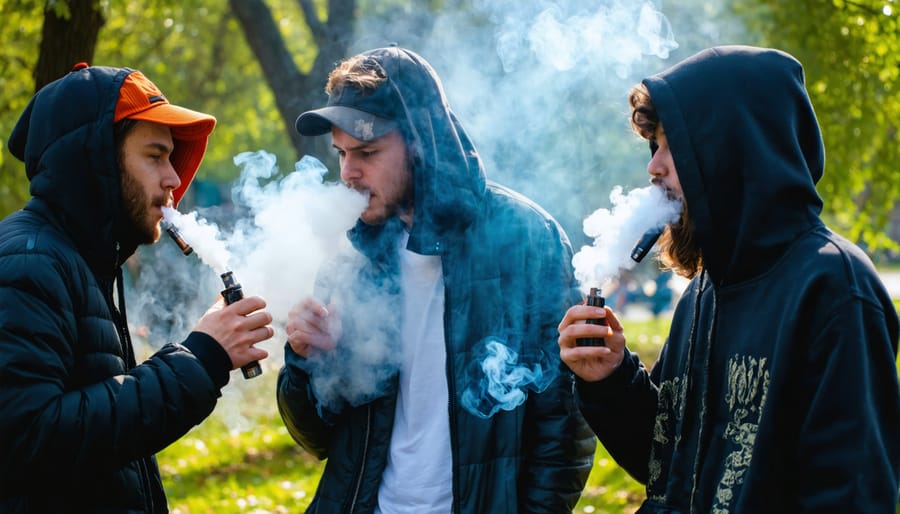 Group of individuals vaping outdoors, showcasing vaping as a popular cultural phenomenon