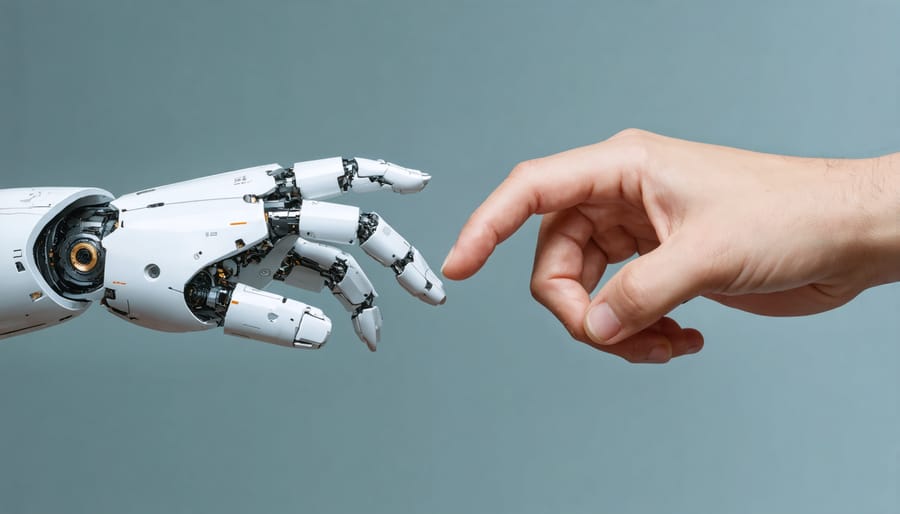 Robotic and human hands reaching out, representing the interaction between AI and humanity