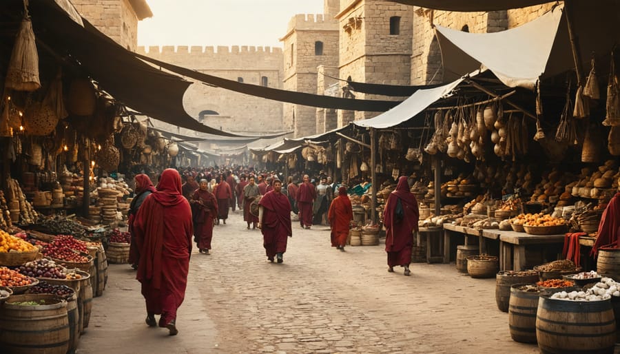 Busy ancient marketplace with vendors and shoppers