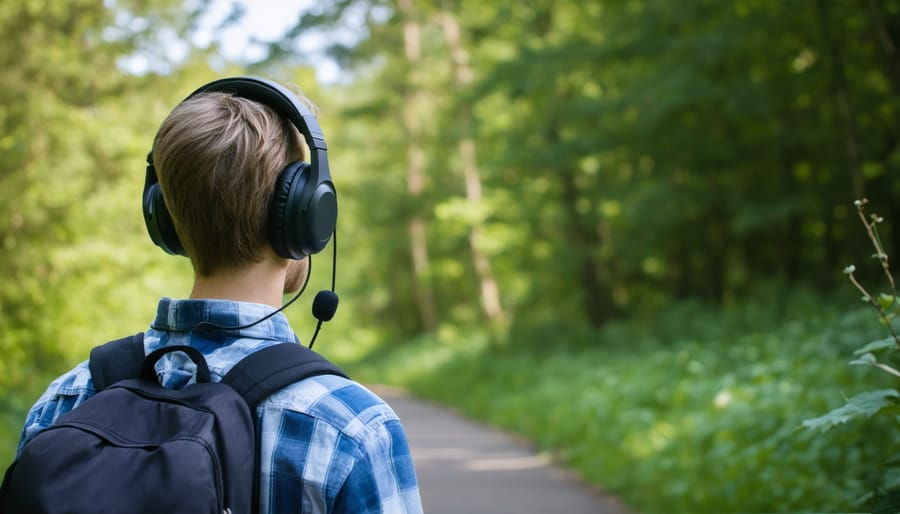 Person engrossed in listening to an audio Bible or podcast outdoors