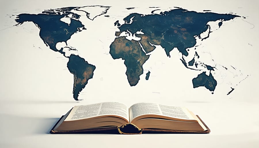 The Bible open on a table with a world map in the background