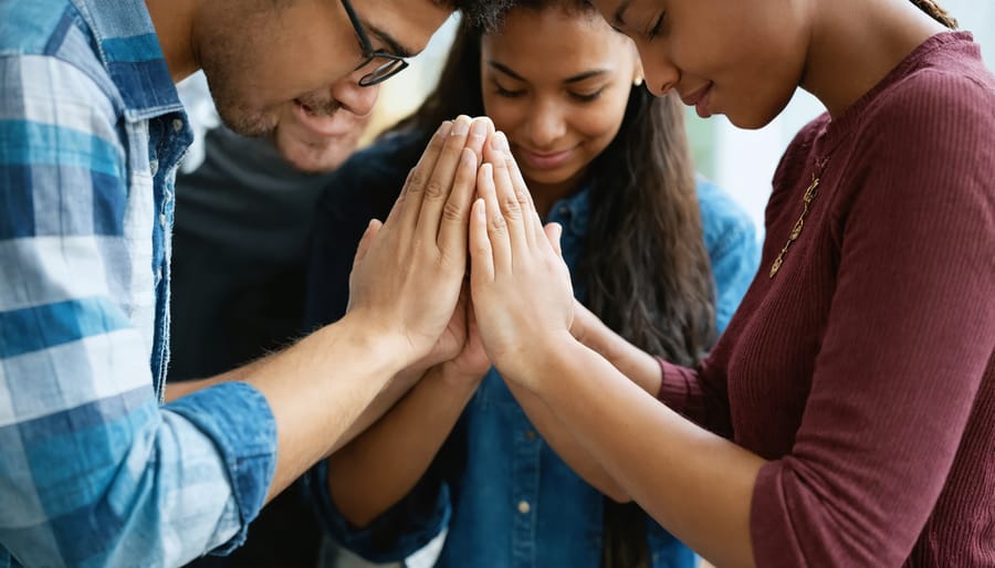 Urban Bible study group members praying for each other