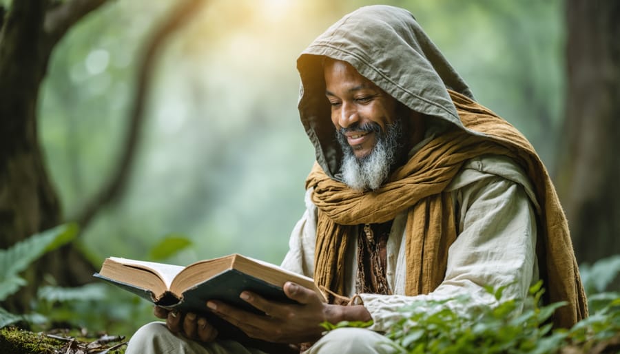 Person studying the Bible in a serene outdoor setting