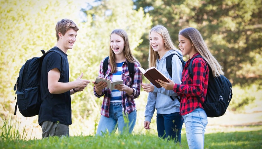 Youth group members engaged in a lively Bible study scavenger hunt activity