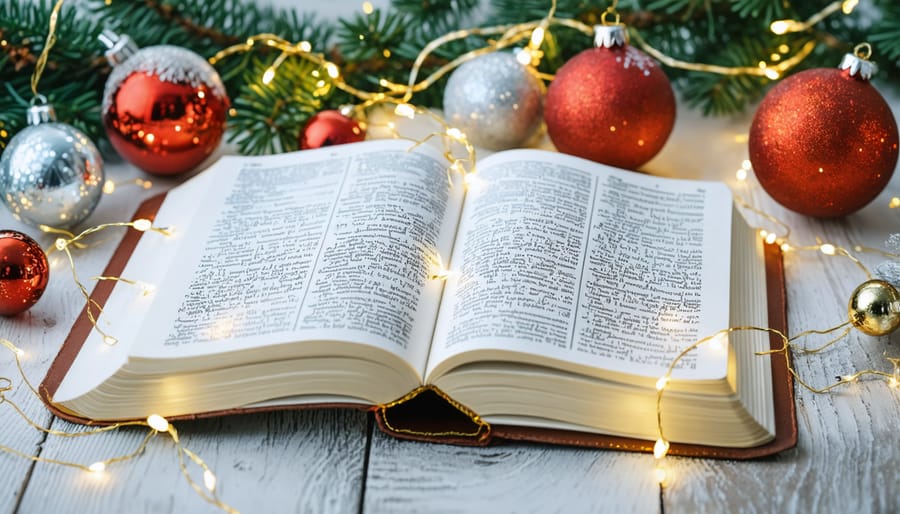 The Bible surrounded by festive Christmas decorations