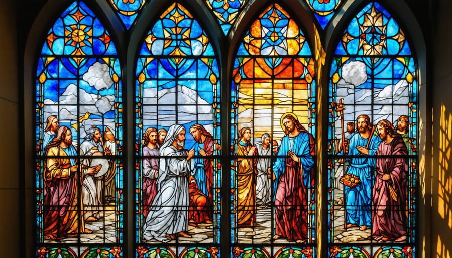 Colorful stained glass window showcasing various biblical narratives and symbols