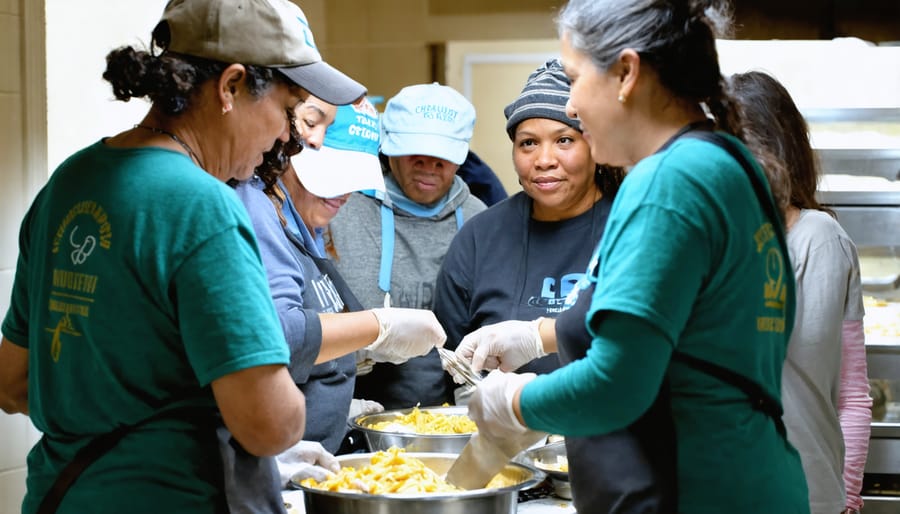 Church volunteers serving food to people at a homeless shelter