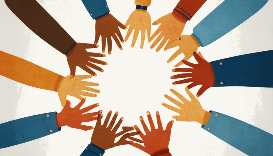 Community of diverse people joining hands in a circle