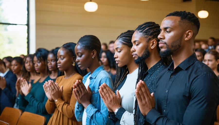 Multi-ethnic group joining hands in prayer during a church gathering