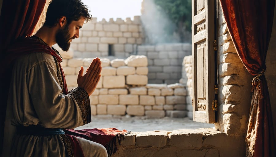 Artistic rendering of Daniel kneeling in prayer before an open window in ancient Babylon