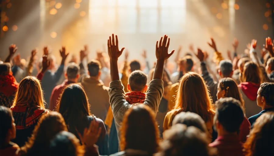 Multiethnic Christian congregation united in worship with raised hands