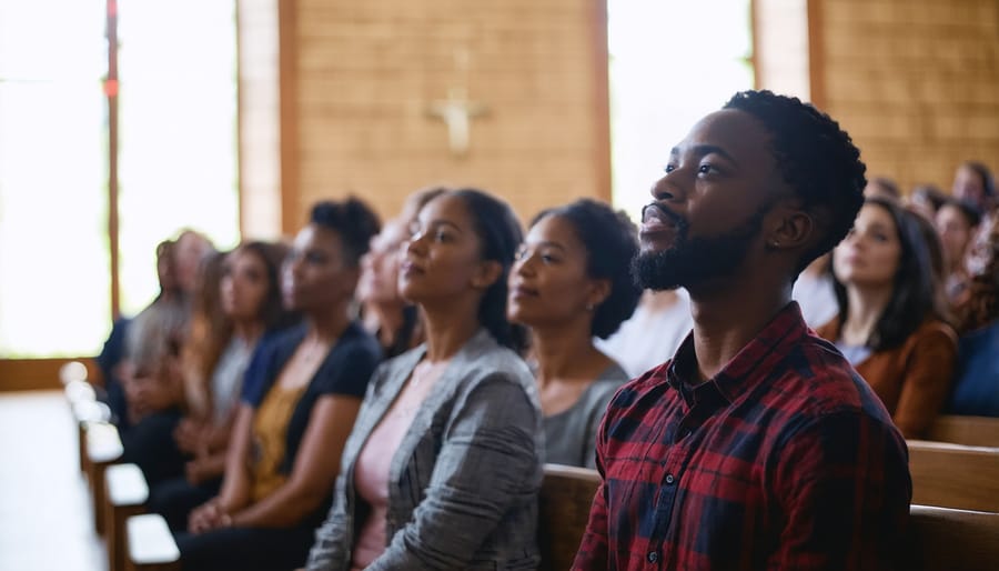 Multicultural church congregation united in worship