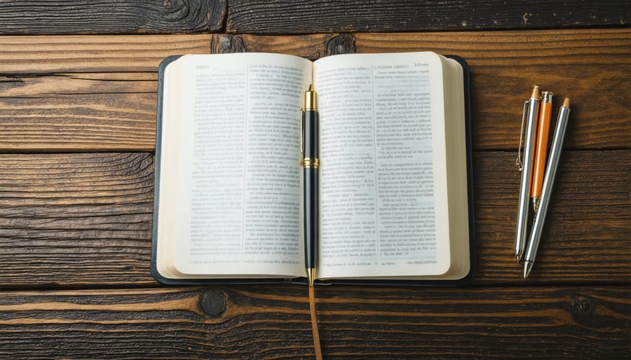 Open Bible, journal and pen representing Scripture meditation methods