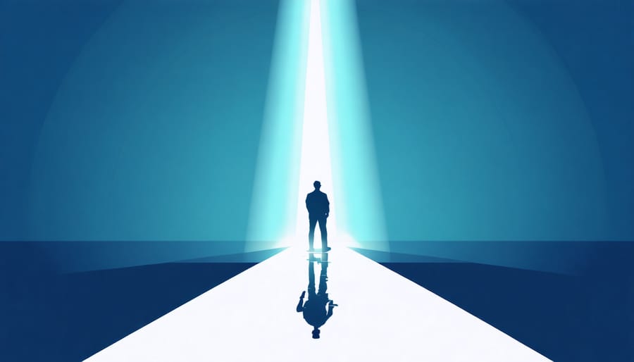 Silhouette of a person at a crossroads with one path glowing brightly upwards