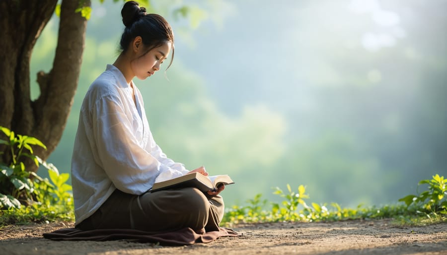 Person meditating on Scripture in a tranquil environment