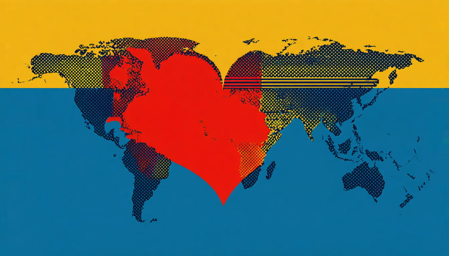 Conceptual illustration of a heart-shaped world map with icons symbolizing Christian values.