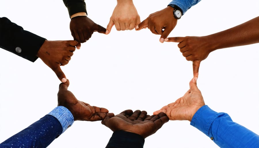 People of various ethnicities and ages joining hands in a circle, representing unity in faith.