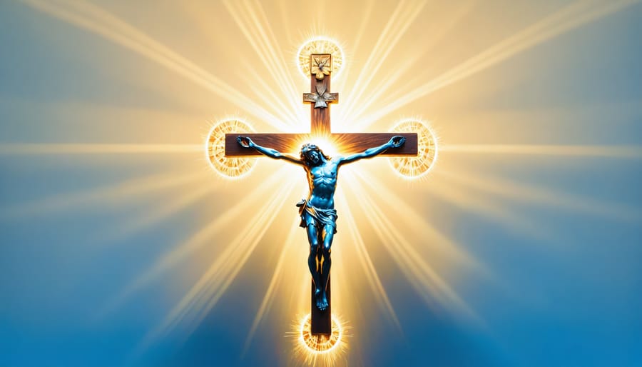 An intricately detailed crucifix radiating a symbolic aura of divine light