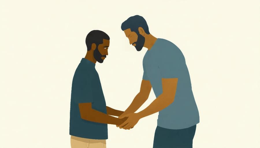 Visual representation of the Good Samaritan parable, showing interracial compassion and aid