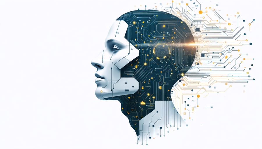 Conceptual depiction of a human head merged with AI circuit components