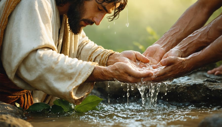 Jesus humbly serving his disciples by washing their feet